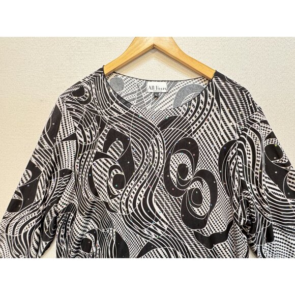 All Hours Womens 3/4 Sleeve Blouse Top Sze L Black White Abstract Rhinestone Y2K - Picture 3 of 11